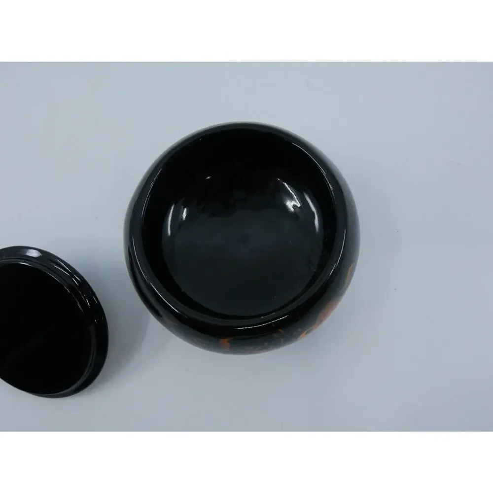 Round Lidded Lacquer Trinket Box Fancy Goldfish Hand Painted Designs Black Gloss